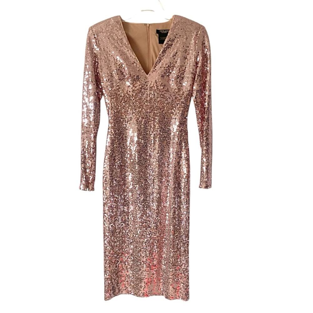 Tera Couture Rose Gold Sequin V-Neck Straight Pencil Dress size 2